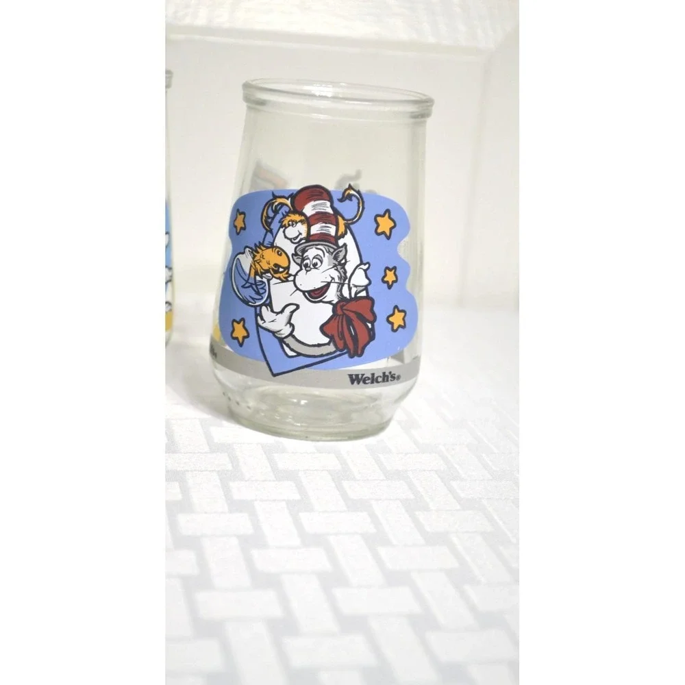 Vintage 1996 Welch Cat in The Hat Glass Jelly Jars, Complete Set of 6 Jars